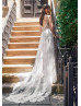 Ivory Glitter Lace Tulle Deep V Back Elegant Wedding Dress
